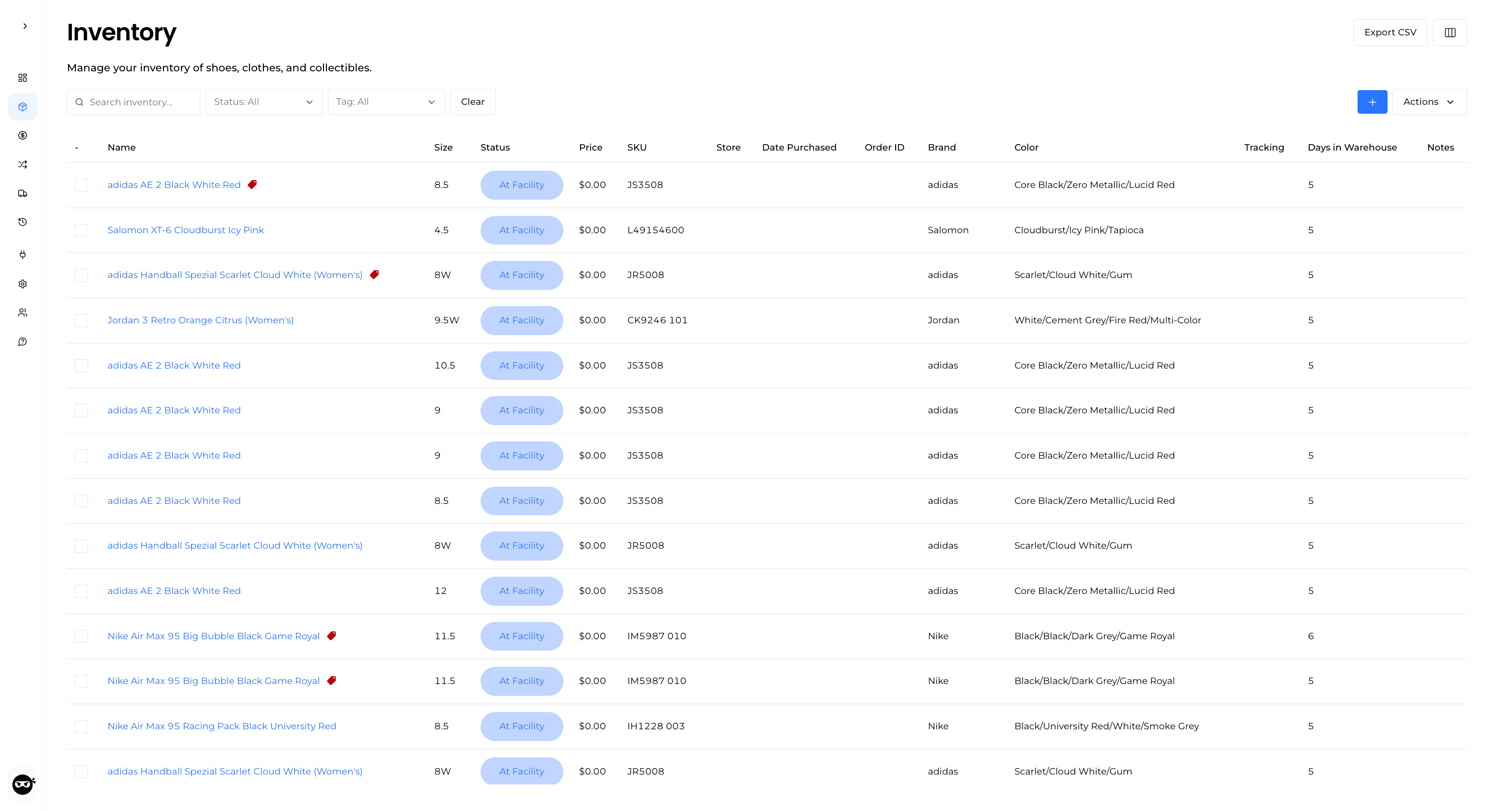 ShipNinja inventory dashboard showing sneakers, apparel, and collectibles with live status tracking